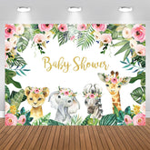 Aperturee - Jungle Pink Rose and Baby Animals Baby Shower Backdrop
